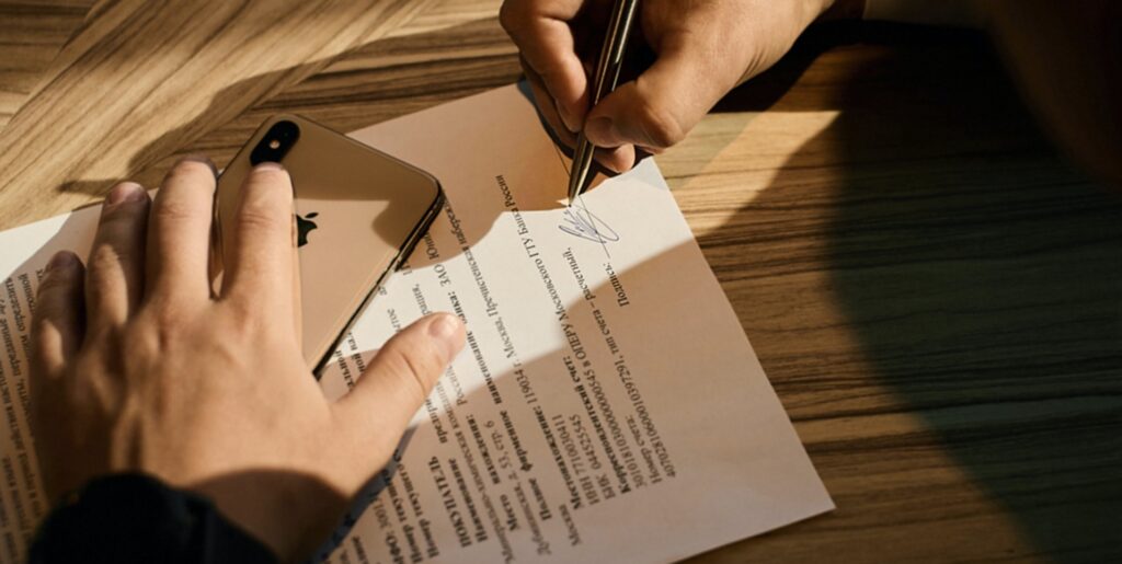 A businessperson signs an important document before sending it to a notary public for an apostille, thanks to the Hague Apostille Convention.